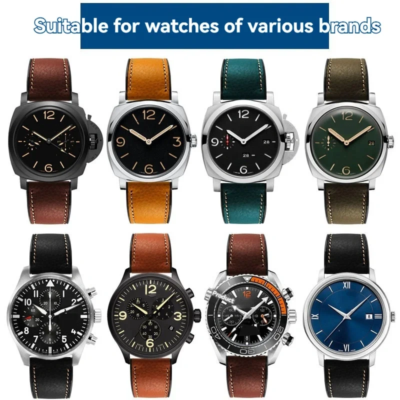 Italian cowhide lea/ther silicone bottom watch strap 20mm 22mm 24mm waterproof breathable watchband For Panerai Omega Tag heuer