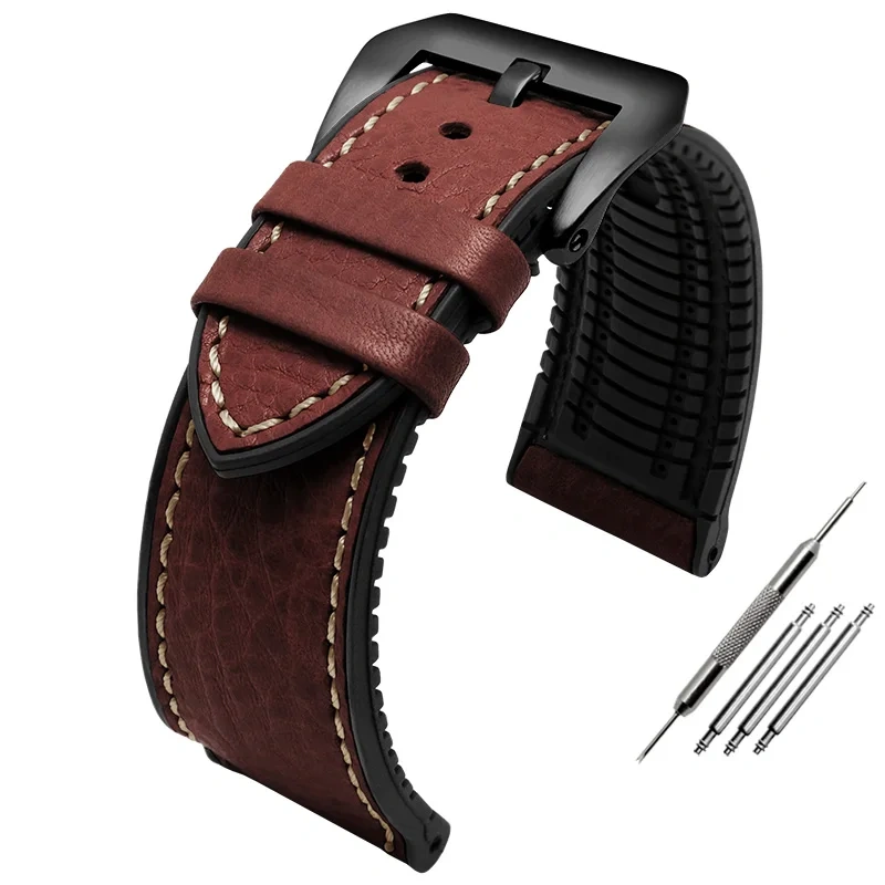 Italian cowhide lea/ther silicone bottom watch strap 20mm 22mm 24mm waterproof breathable watchband For Panerai Omega Tag heuer