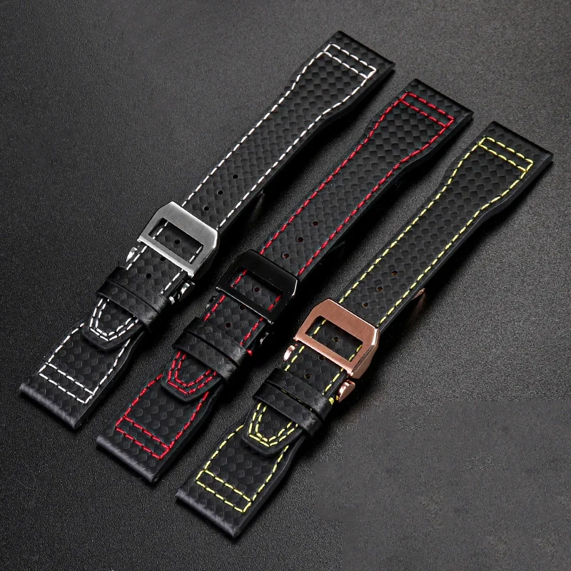 Cowhide lea/ther watch strap 20 21 22 Carbon fiber lines black red yellow white line watchband For IWC pilot Mark-xx portugieser