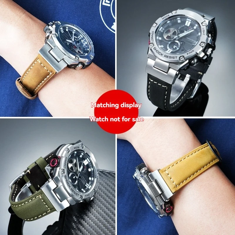 For Casio G-SHOCK GST-B100/S110/S120/W300/400G Steel Core WatchRetro Genuine Leather Strap Replacement | Stainless Steel Adapter
