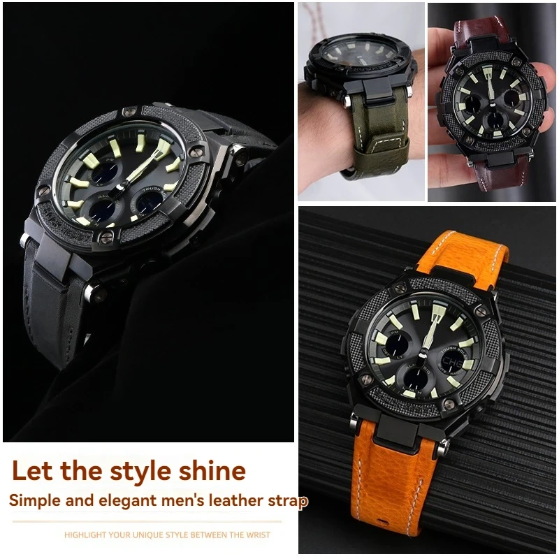 Italian Cowhide Leather & Nylon Strap for Casio G-SHOCK GST-S130 S110 S120 W 130LB 100 W300, Men's GSR-B100 Replacement Band