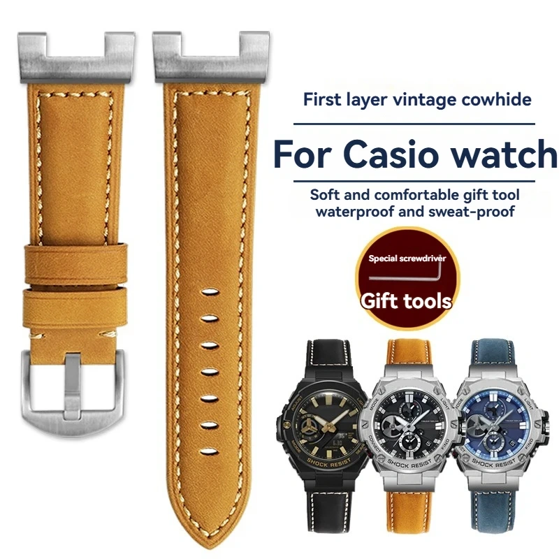 For Casio G-SHOCK GST-B100/S110/S120/W300/400G Steel Core WatchRetro Genuine Leather Strap Replacement | Stainless Steel Adapter