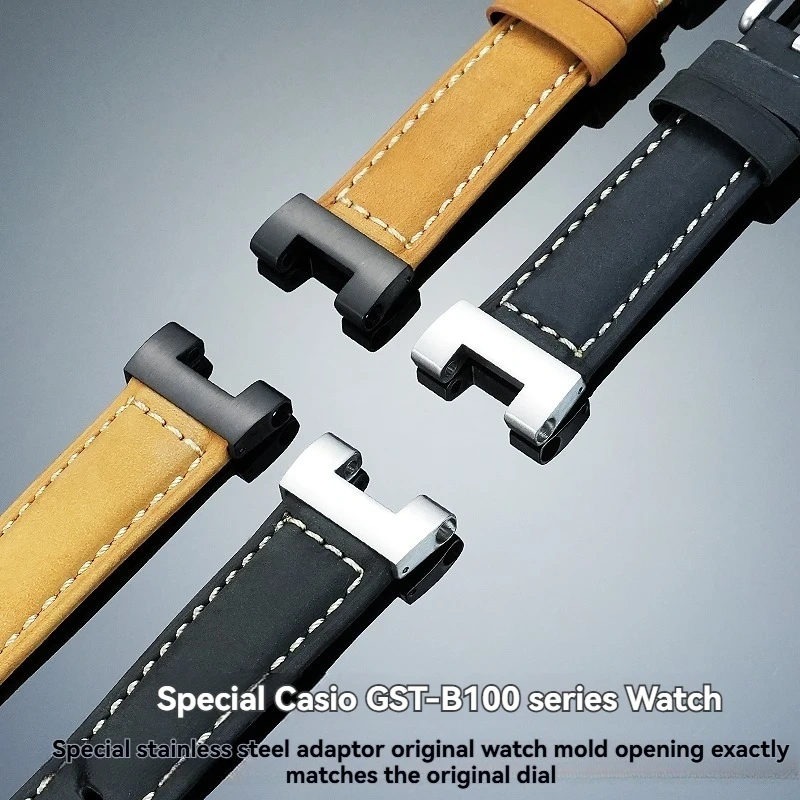 For Casio G-SHOCK GST-B100/S110/S120/W300/400G Steel Core WatchRetro Genuine Leather Strap Replacement | Stainless Steel Adapter