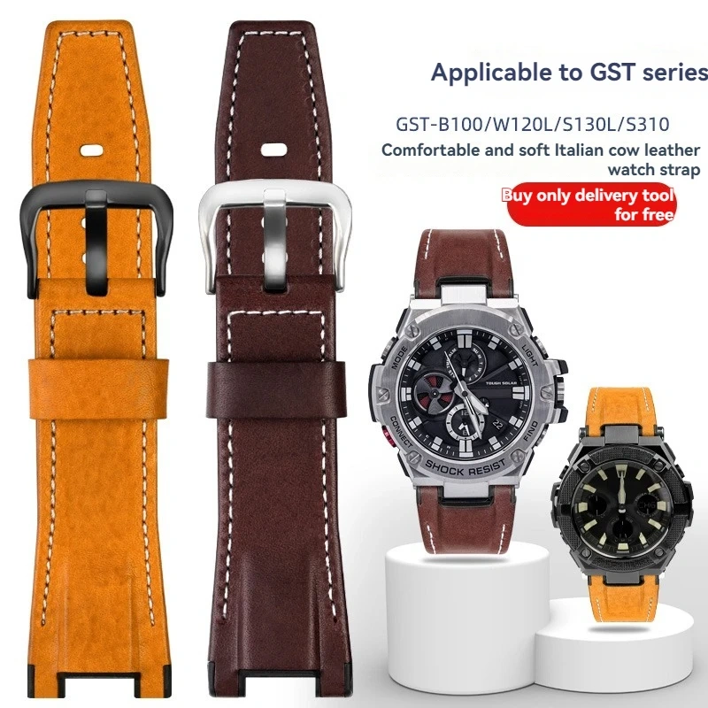 Italian Cowhide Leather & Nylon Strap for Casio G-SHOCK GST-S130 S110 S120 W 130LB 100 W300, Men's GSR-B100 Replacement Band