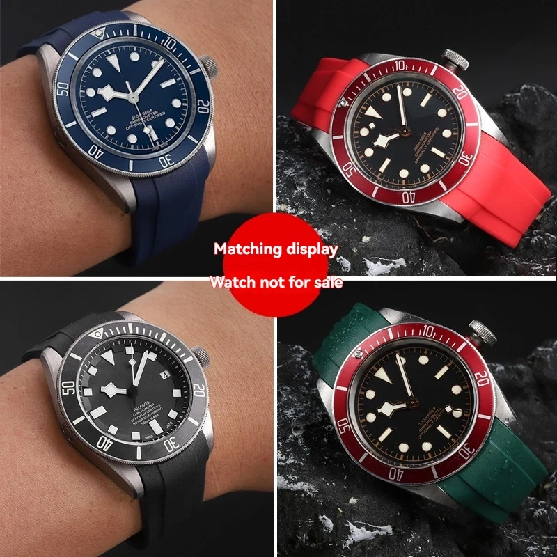 22mm Curved End Rubber Watch Band for Tudor Black Bay 58 Bronze – Soft Silicone Strap, Red Floral Pattern, Waterproof & Durable