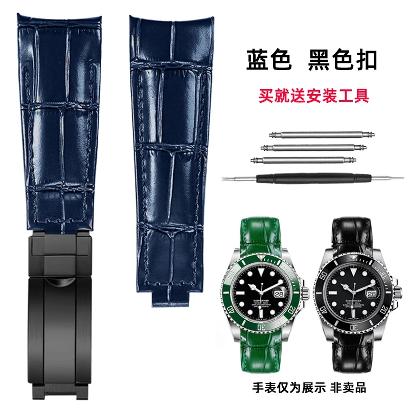 20mm Genuine Leather Strap for Rolex Daytona Yacht-Master Submariner Hulk GMT Datejust Watch Band Black Blue Green  Cowhide