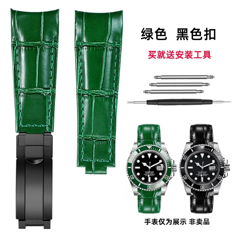 20mm Genuine Leather Strap for Rolex Daytona Yacht-Master Submariner Hulk GMT Datejust Watch Band Black Blue Green  Cowhide