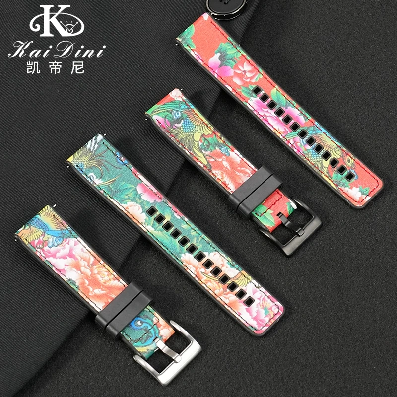 China Chic peony flower element leather watch strap For HUAWEI GT5 GT4/3 smart watch Chinese style Orient waterproof rubber band