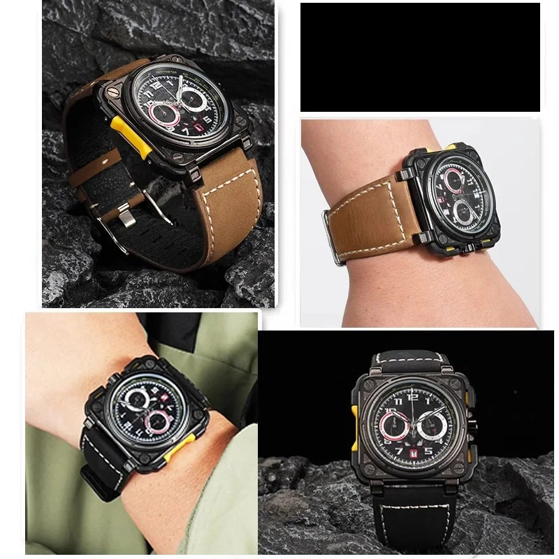For Bell&Ross watch strapBR01 BR03 cowhide watchband bracelet Bell&Ross 35X24mm convex interface BR Men's watch belt