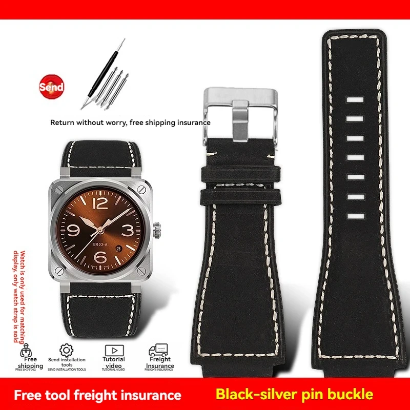 For Bell&Ross watch strapBR01 BR03 cowhide watchband bracelet Bell&Ross 35X24mm convex interface BR Men's watch belt