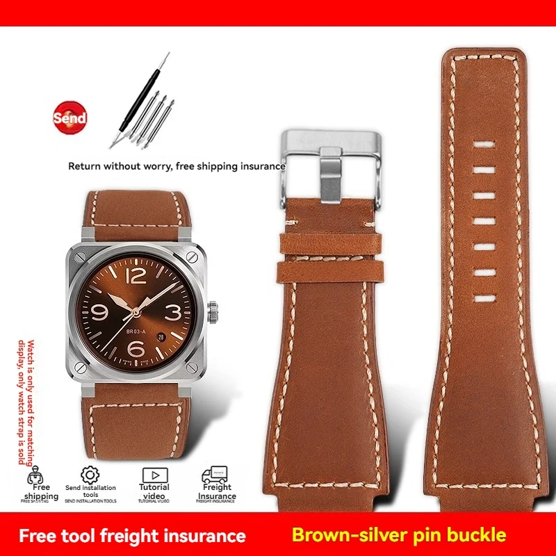 For Bell&Ross watch strapBR01 BR03 cowhide watchband bracelet Bell&Ross 35X24mm convex interface BR Men's watch belt