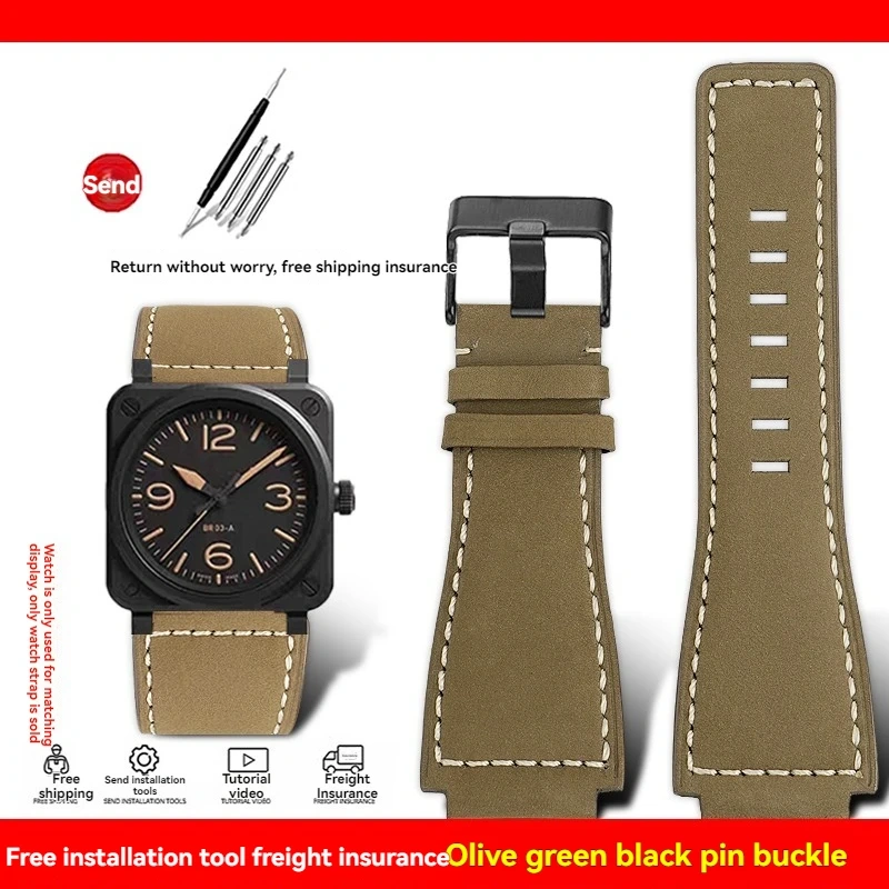 For Bell&Ross watch strapBR01 BR03 cowhide watchband bracelet Bell&Ross 35X24mm convex interface BR Men's watch belt