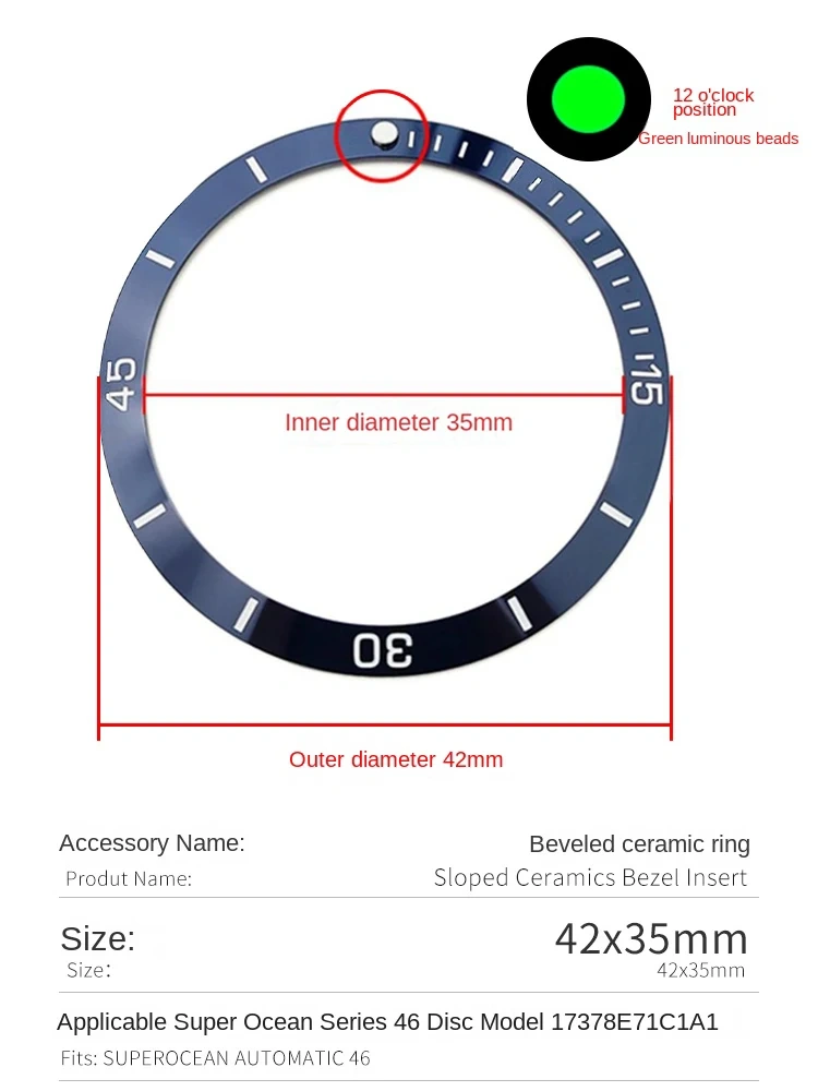 42x35mm Ceramic Bezel Insert Ring Slope Fit 46mm For Breitling SUPEROCEAN A17378E71C1A1 Blue Scale Circle 12 O'clock green light