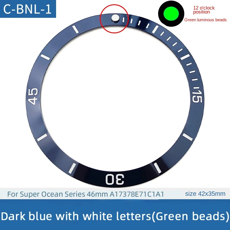 42x35mm Ceramic Bezel Insert Ring Slope Fit 46mm For Breitling SUPEROCEAN A17378E71C1A1 Blue Scale Circle 12 O'clock green light