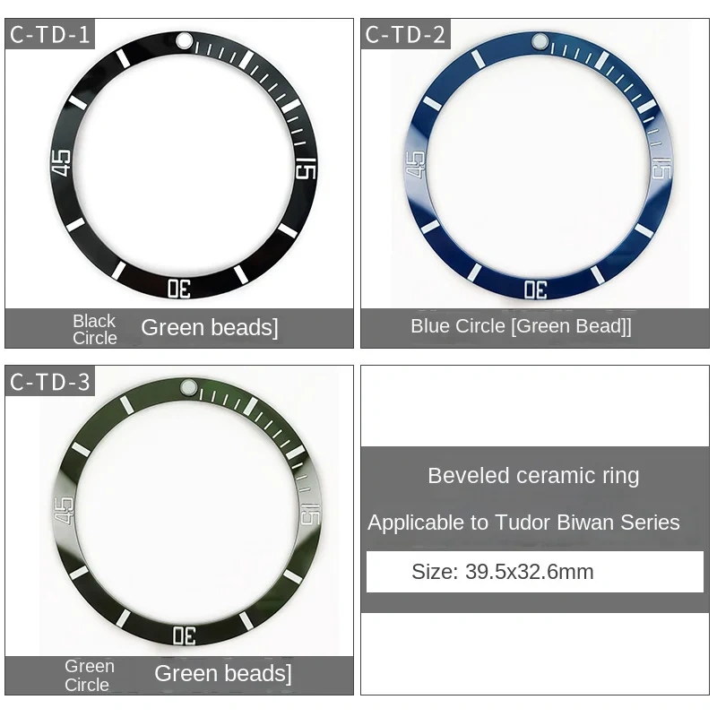 39.5x32.6mm Ceramic Watch Ring For Tudor Black bay Sloped Bezel Insert Fit Scale Ring12 o'clock green luminous beads Accessories