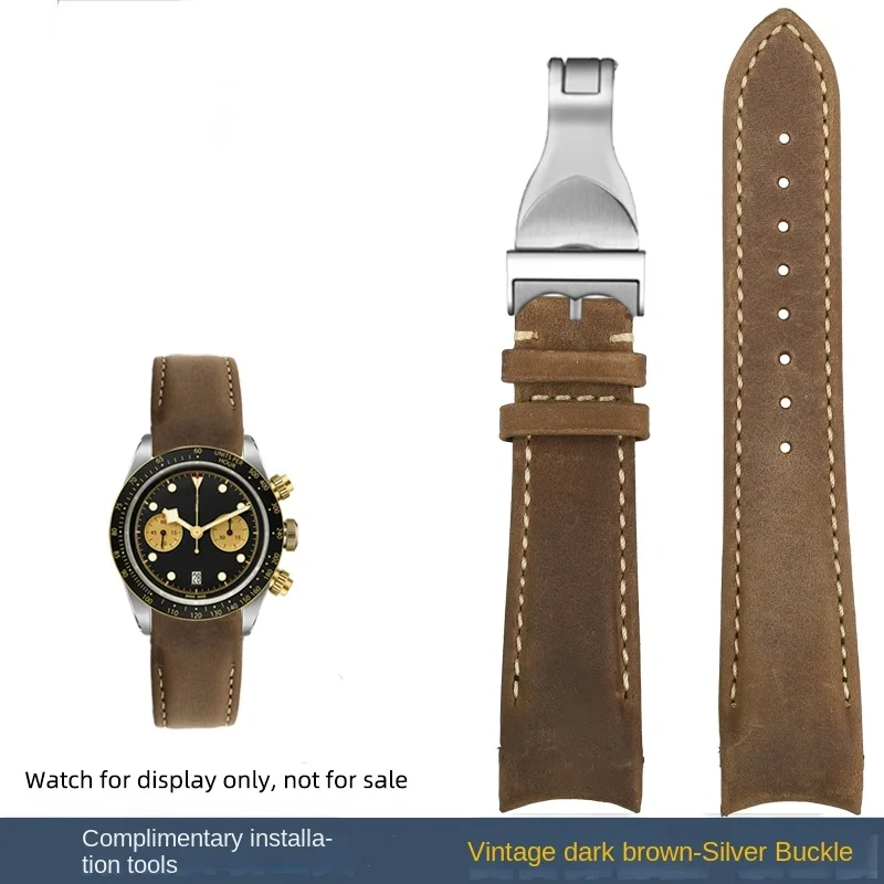 20mm 22mm For Tudor Black Bay Chrono S&G M79360 M79363 1958 GMT curve end Retro leather strap bracelet watchband 18 Fold buckle