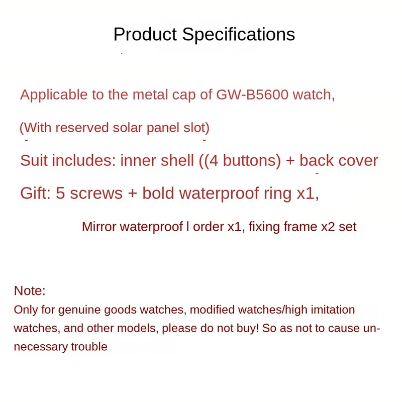 GW-B5600 Mod Kit for Casio GWB5600 Metal Bezel Rear/Bottom Cover Screw Waterproof Ring I/O Ring men Stainless Steel Inner Shell