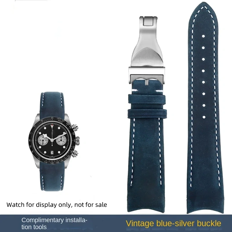 20mm 22mm For Tudor Black Bay Chrono S&G M79360 M79363 1958 GMT curve end Retro leather strap bracelet watchband 18 Fold buckle