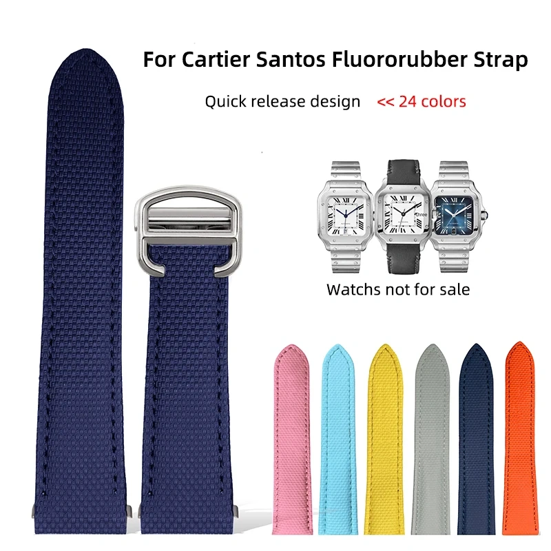 24 colors Quick release VITON watch band for Cartier SANTOS 39.8mm large medium 21mm 19mm Orange Black Blue Pink Folding clasp