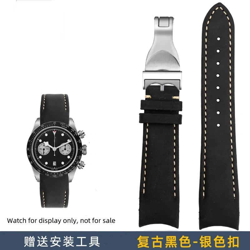 20mm 22mm For Tudor Black Bay Chrono S&G M79360 M79363 1958 GMT curve end Retro leather strap bracelet watchband 18 Fold buckle