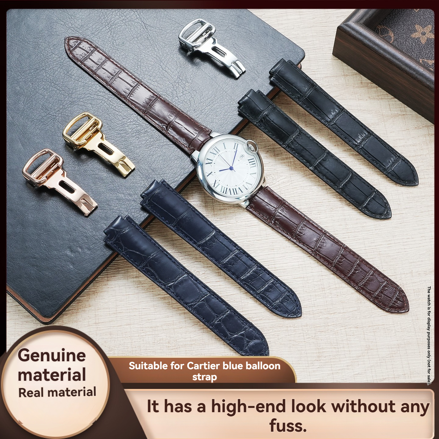 Matte Crocodile Tail Strap for Cartier Ballon Bleu – Double Raised Tapered Ends & Calfskin Lining