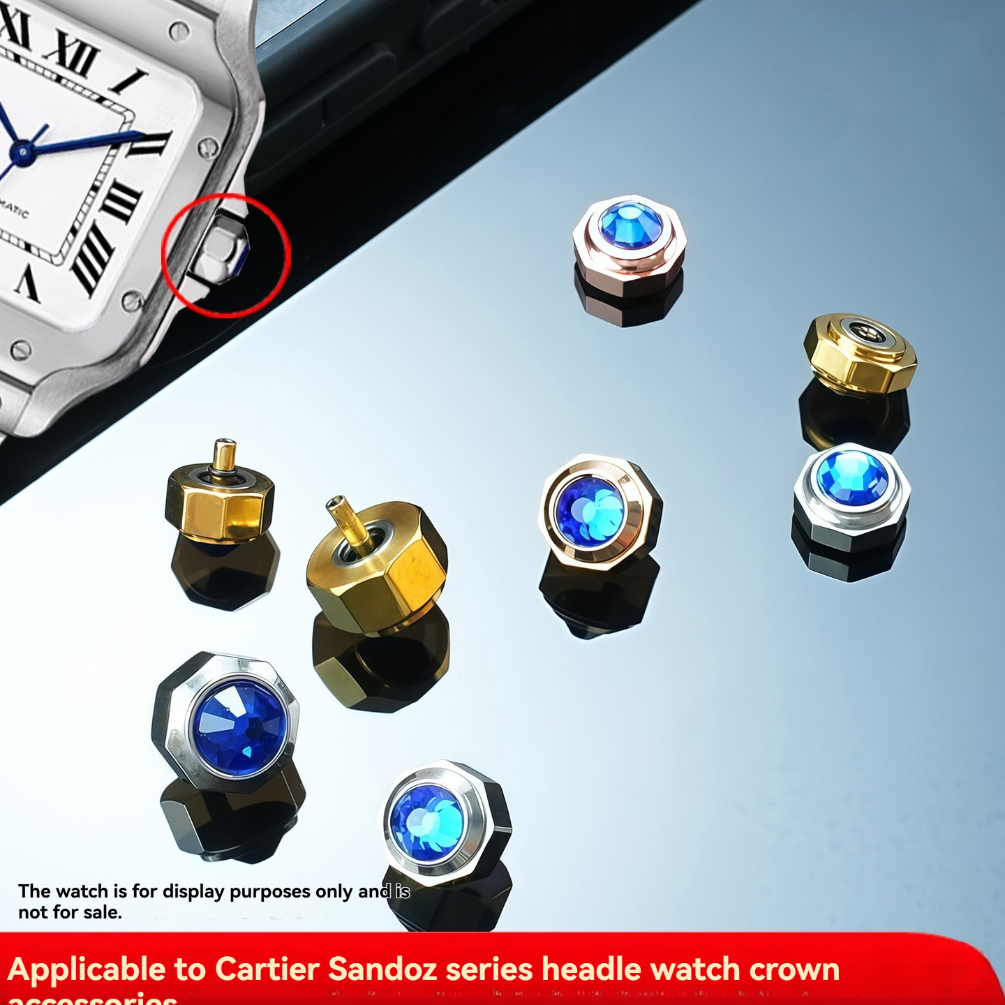 Premium Stainless Steel Crown for Cartier Santos – 7-Sided Design with Synthetic Spinel.