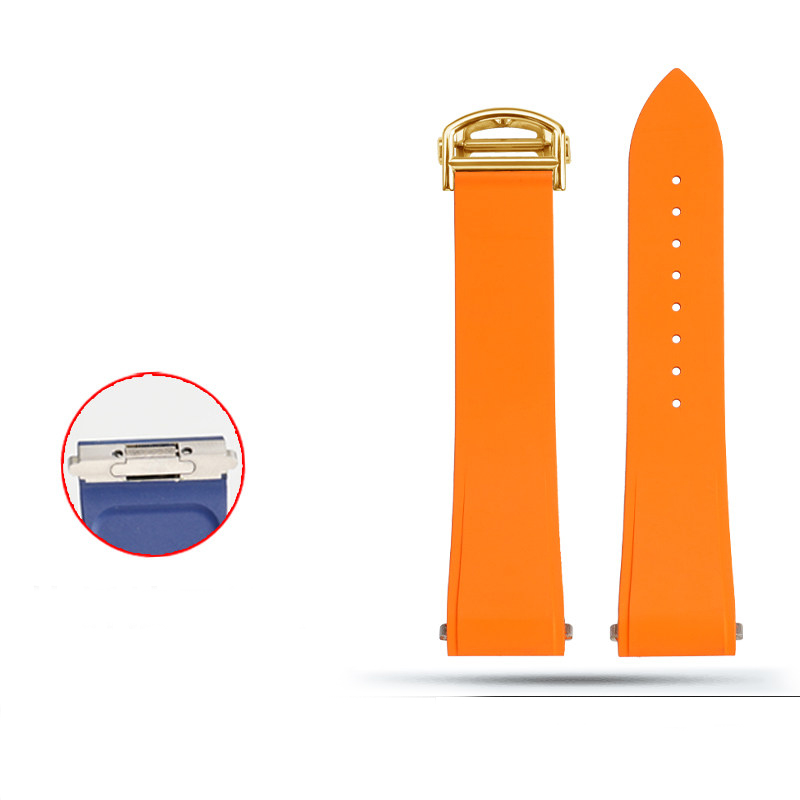 Orange rubber strap with gold-tone folding clasp and blue inset