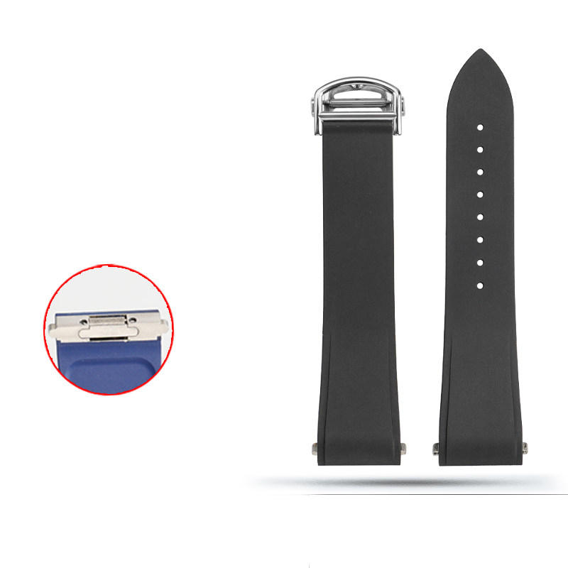 Black rubber strap with silver-tone clasp and blue inset