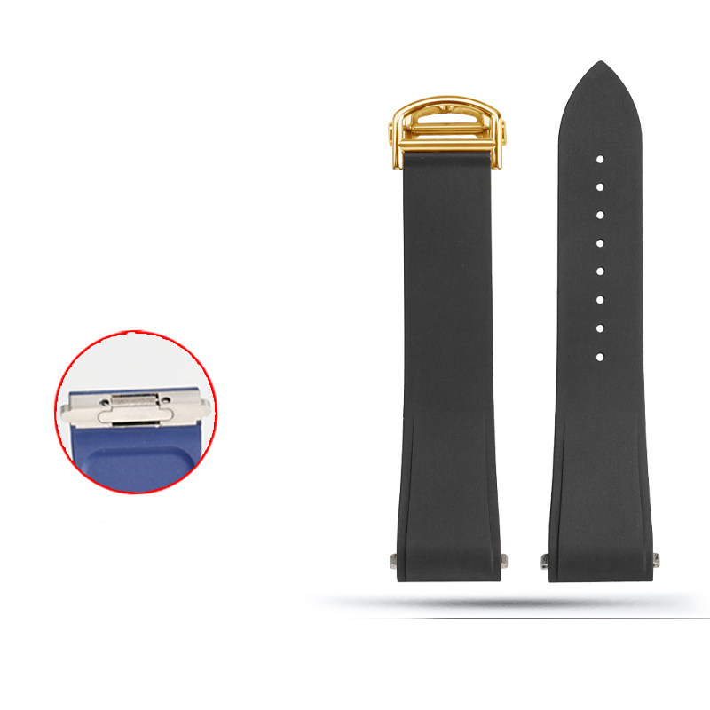 Black rubber strap with gold-tone clasp and magnified inset