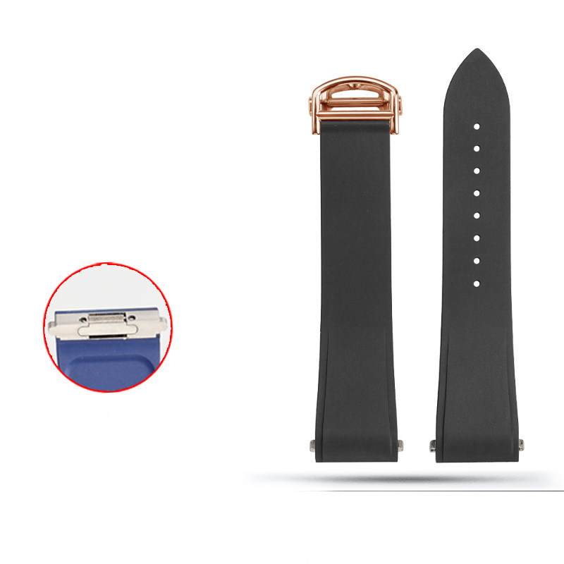 Black rubber strap with rose gold-tone clasp and magnified inset