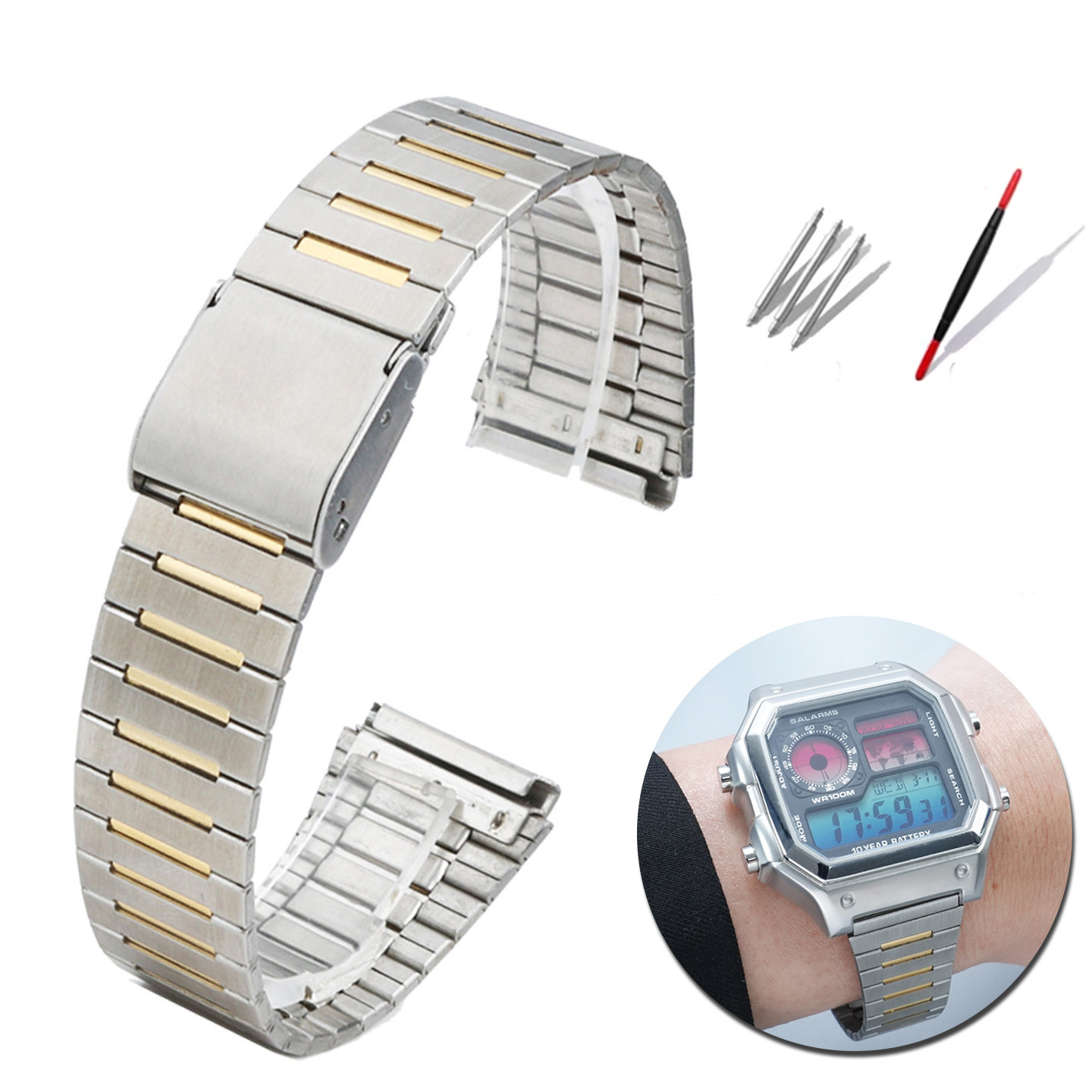 Replacement 18mm Stainless Steel Watch Band for Casio AE1200/A158/A168/F91