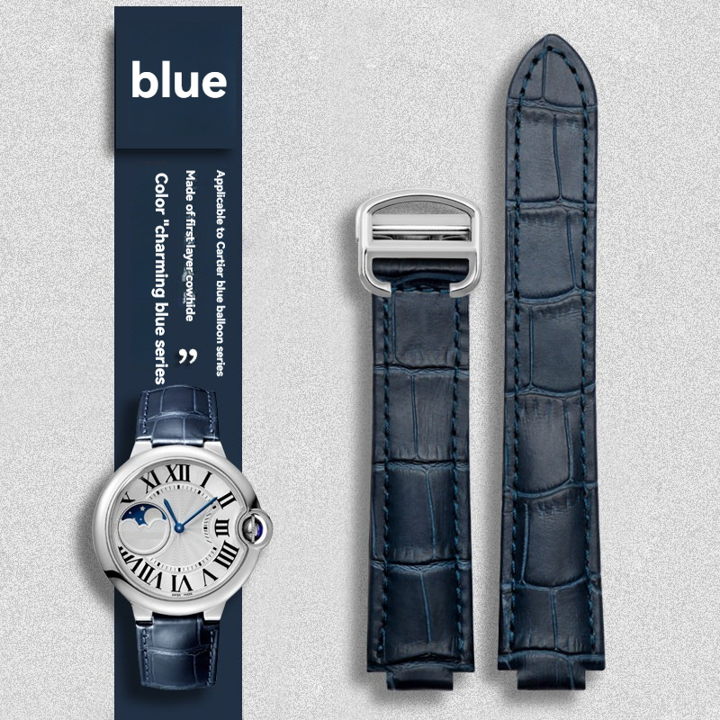 Replacement Blue Leather Strap for Cartier Ballon Bleu – Convex End Calfskin Band