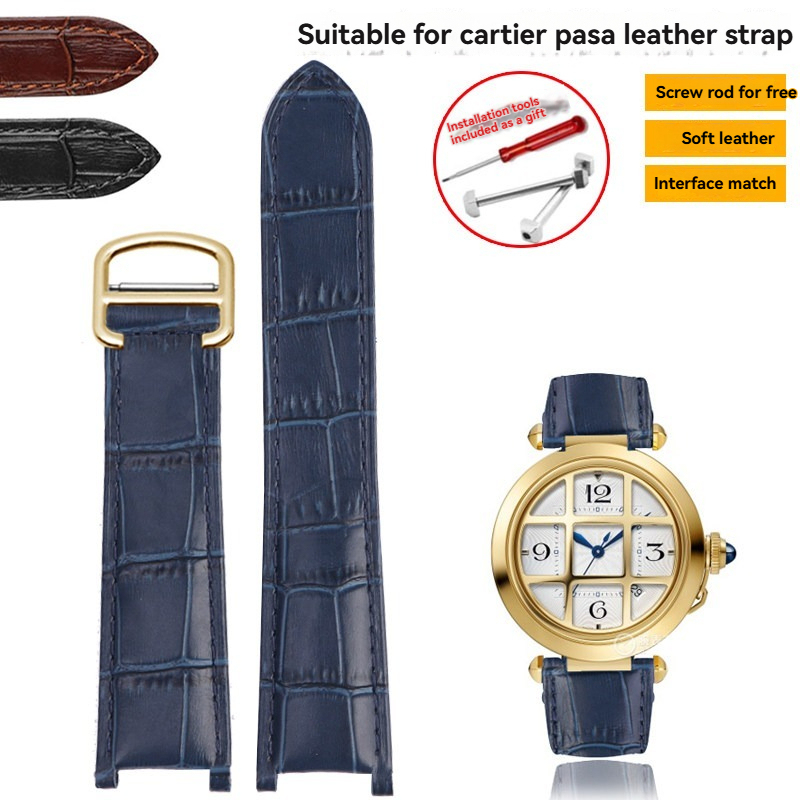 Replacement Blue Notched Leather Strap for Cartier Pasha