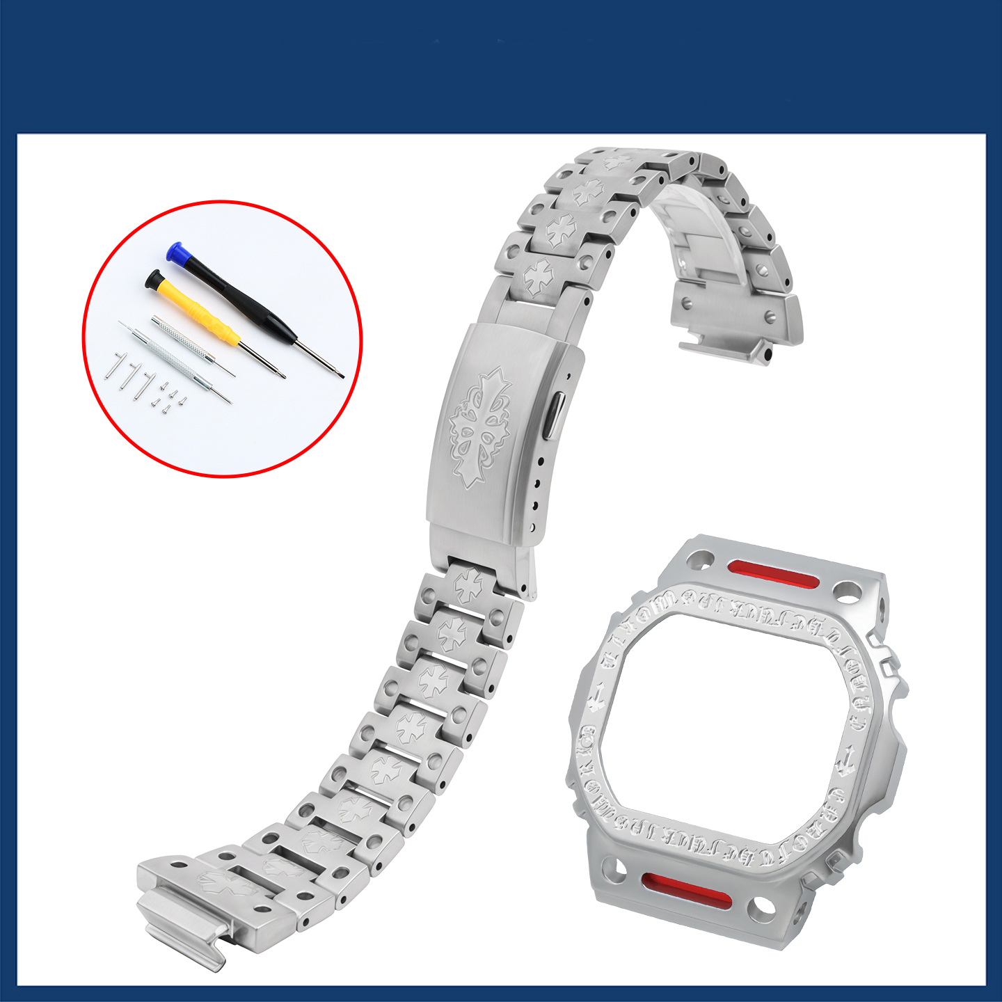 Replacement Stainless Steel Chrome Hearts Style Mod Kit for Casio DW5600/GW5000/GWM5610