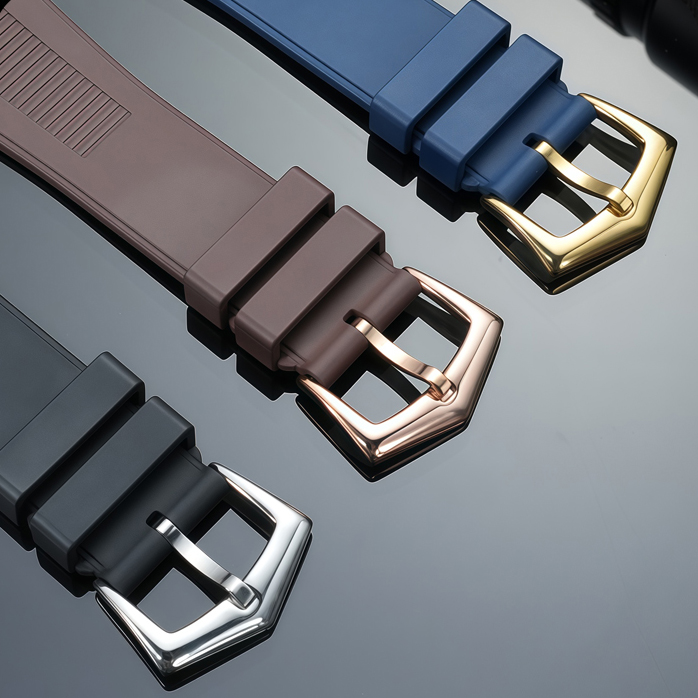 Three rubber straps with silver, rose-gold and gold buckles