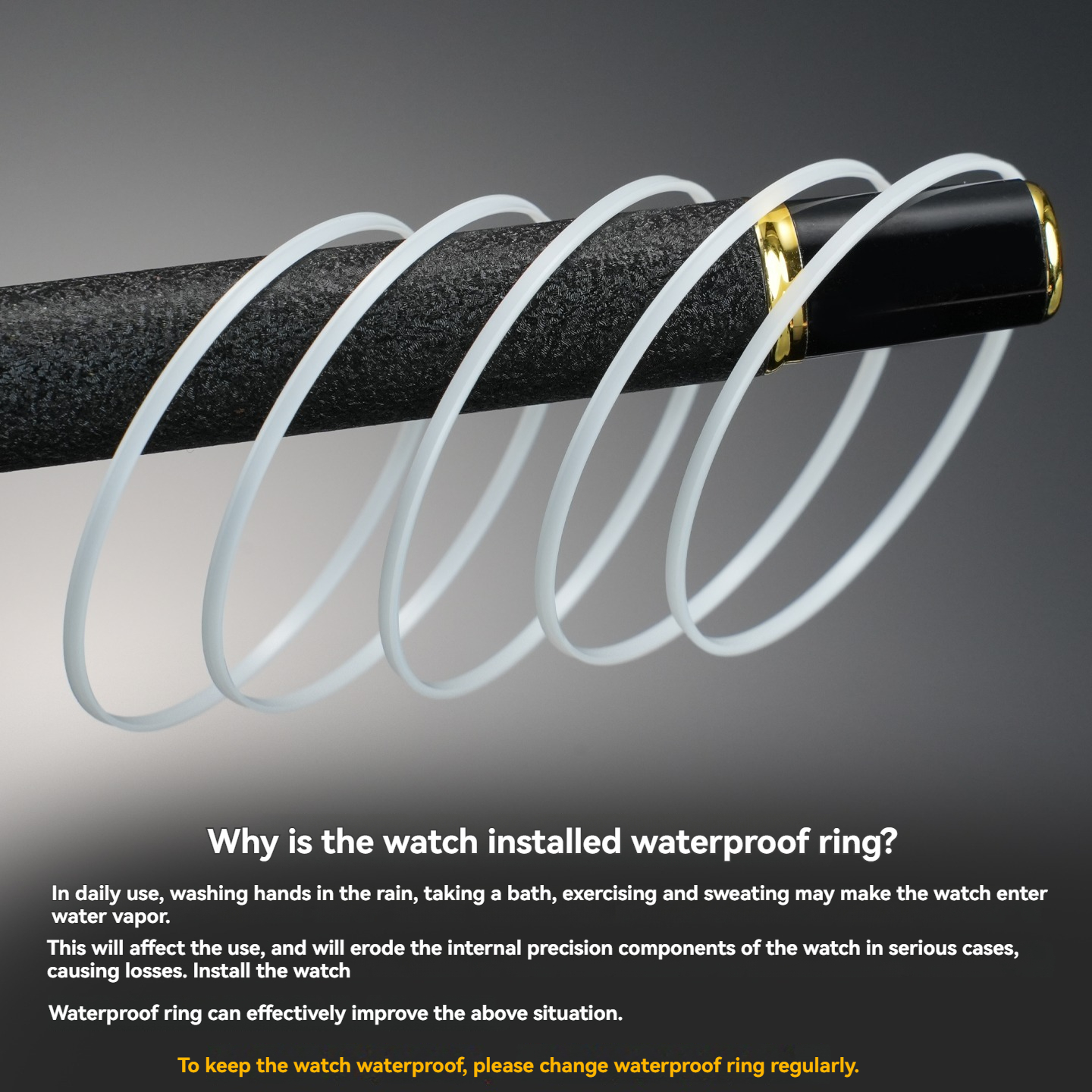 Infographic of white O-rings and watch band with gold accent