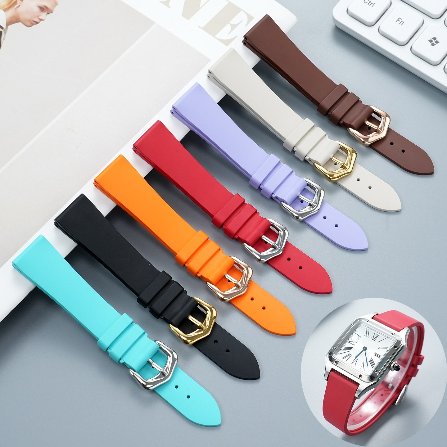 Waterproof FKM Rubber Watch Band for Cartier Tank / Calibre / London / Solo / Clé / Must