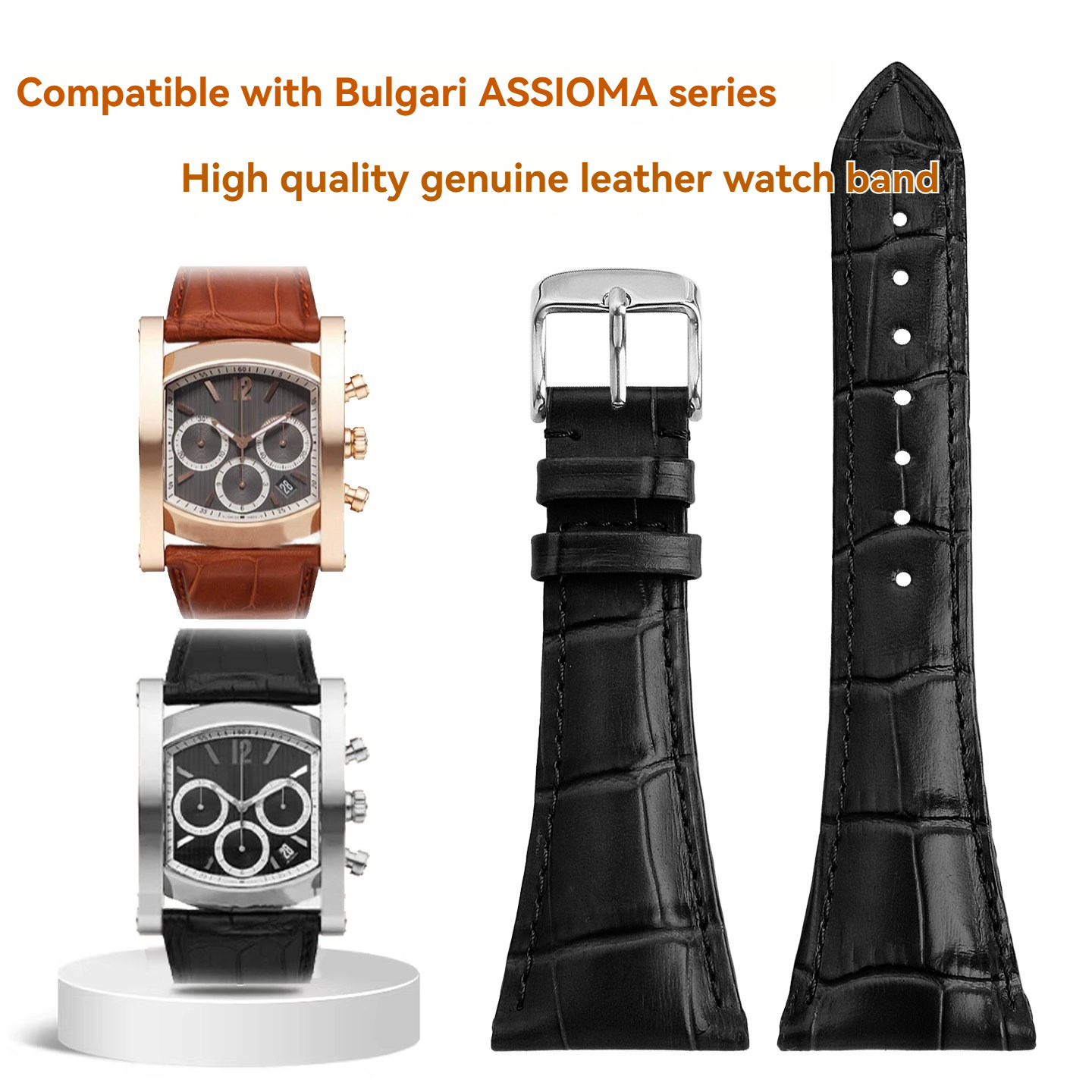 26–28mm Crocodile Pattern Genuine Leather Watch Band for Bulgari Assioma AA48C13GLDCH