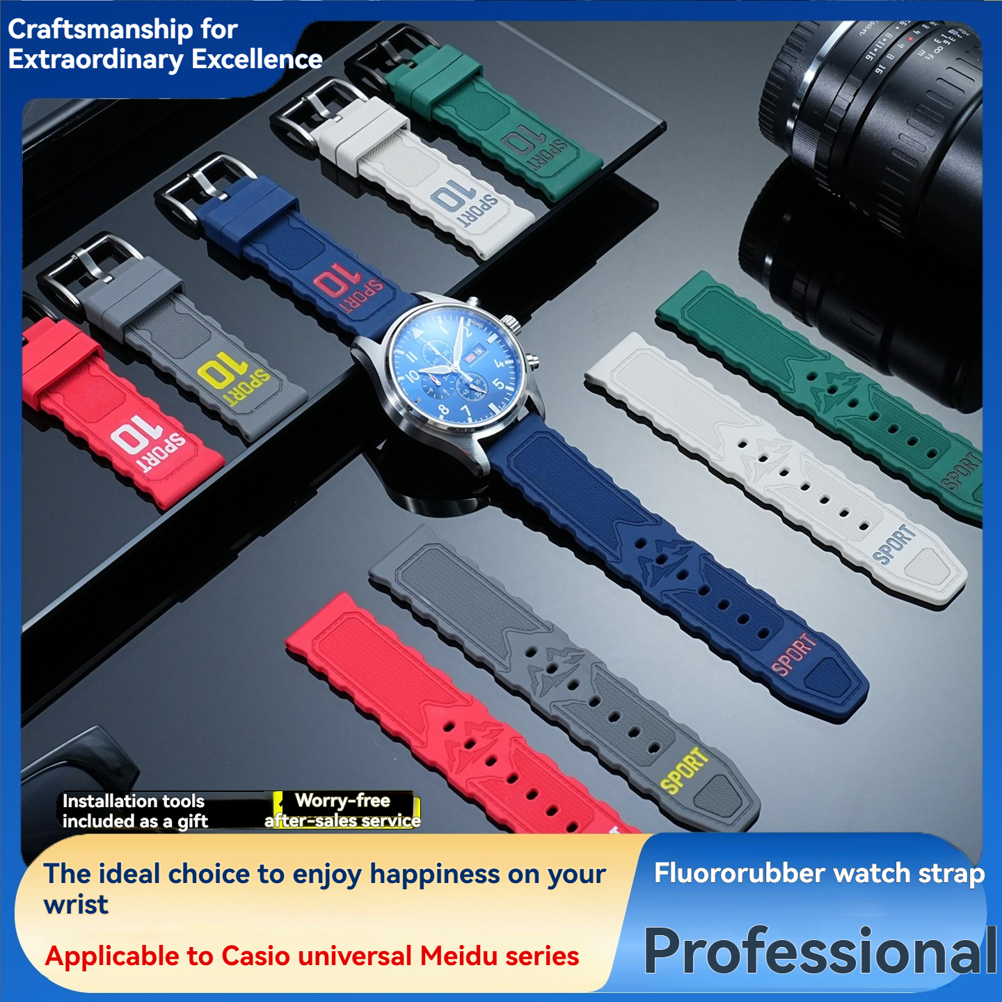 20/22mm Universal FKM Rubber Watch Band for Casio / Huawei / Longines / Seiko