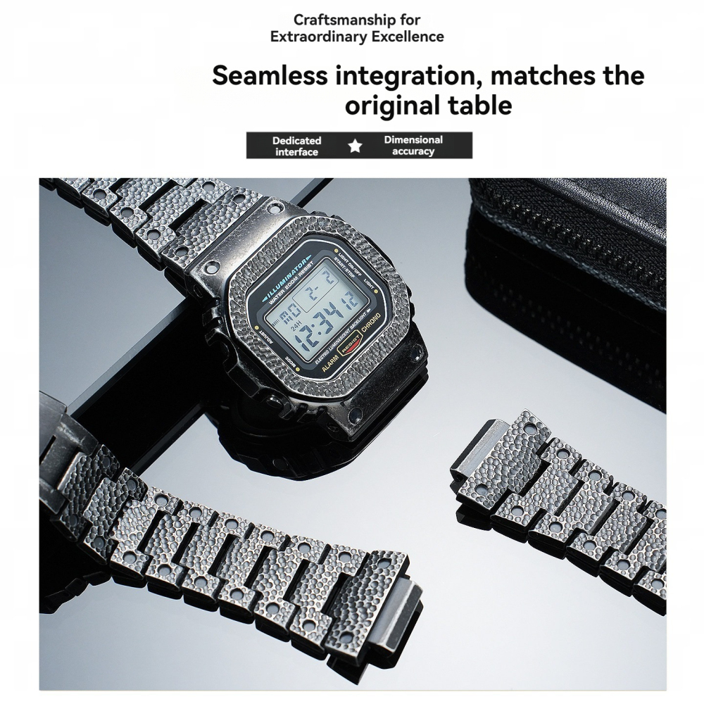 Titanium Hammered Case & Stainless Steel Band Kit for Casio G-SHOCK DW5600 / GMW-B5000 / GA-2100