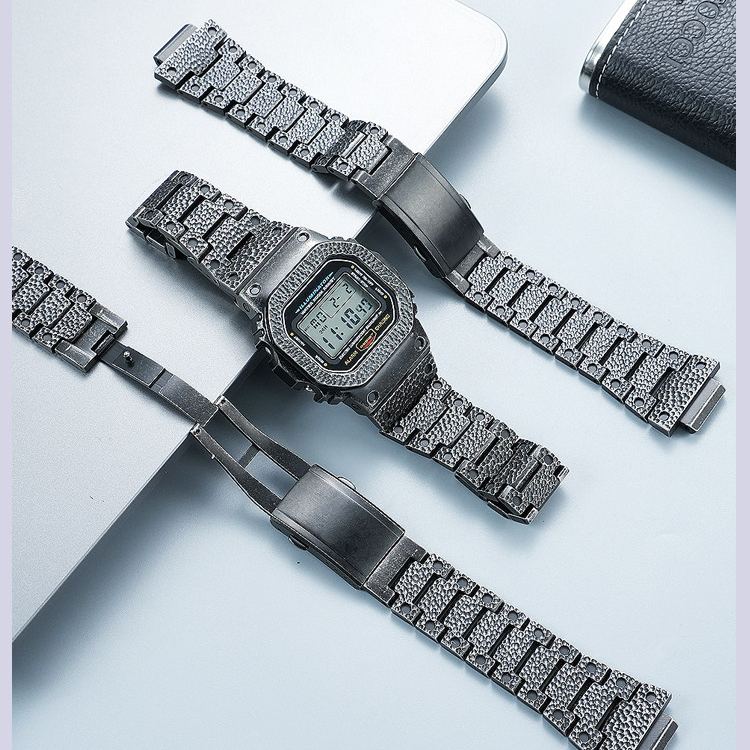 Titanium Hammered Case & Stainless Steel Band Kit for Casio G-SHOCK DW5600 / GMW-B5000 / GA-2100