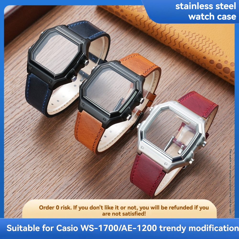 Vintage Leather Watch Band & Stainless Steel Case Kit for Casio AE-1200 / AE-1300 / WS-1700