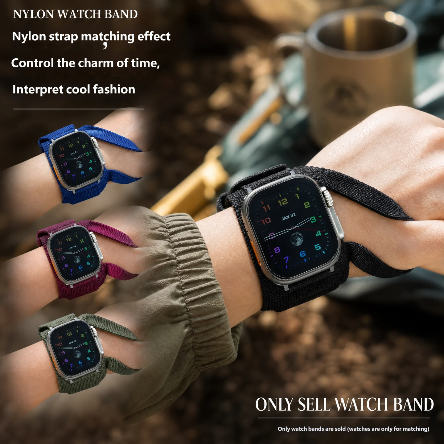 Suitable for Apple Watch Series 9, 8, 7 and 6 nylon sports straps