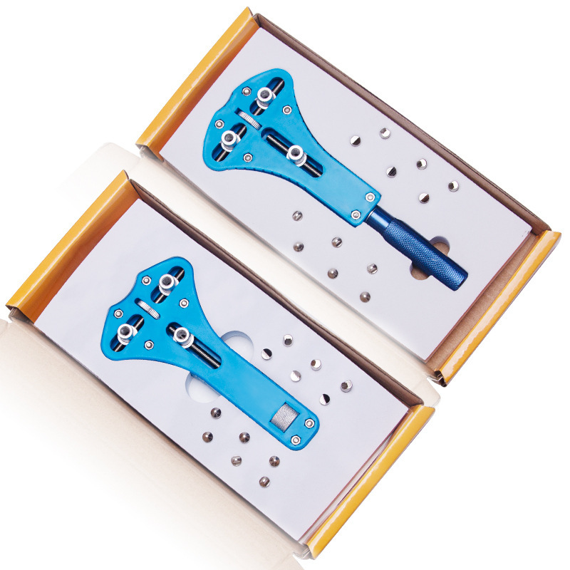 Blue three-prong watch opener with storage packaging