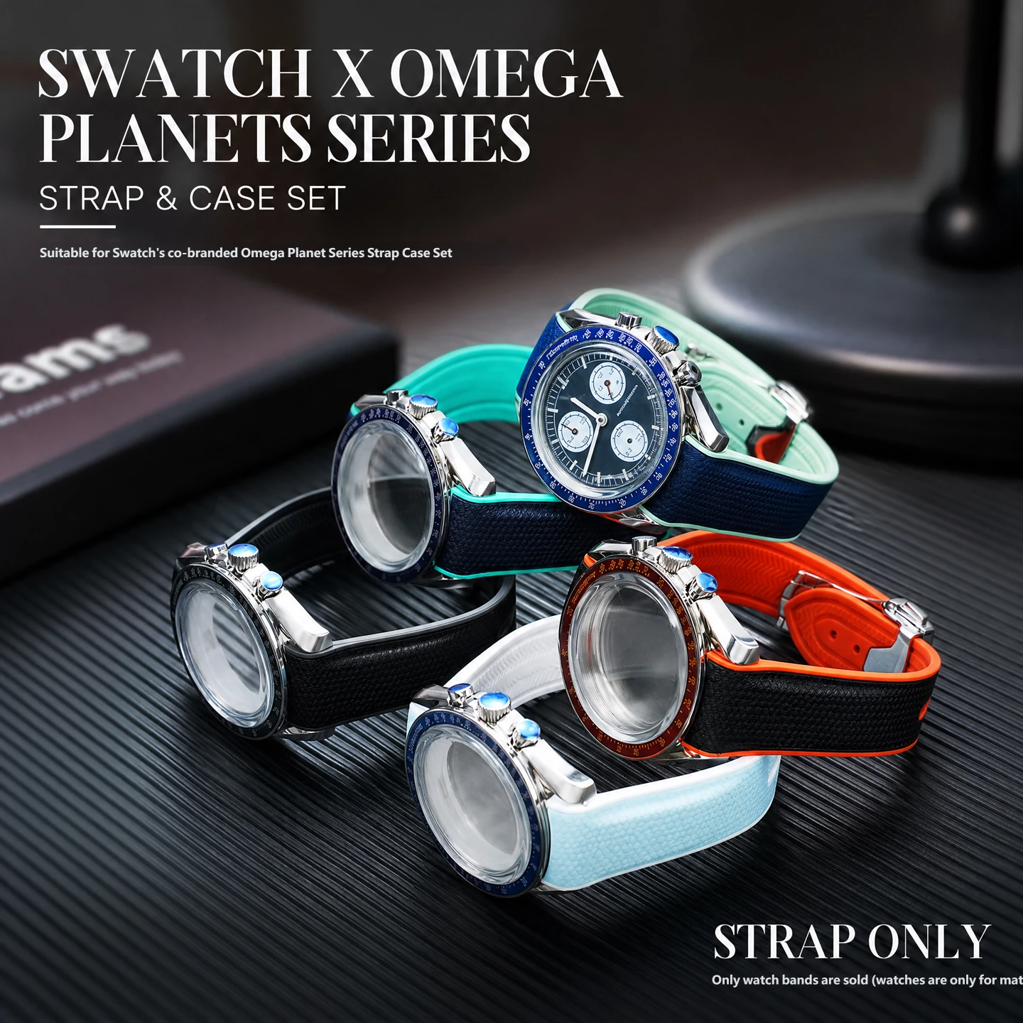 Compatible with the Swatch x Omega Planet Speedmaster customised stainless steel case and silicone strap set