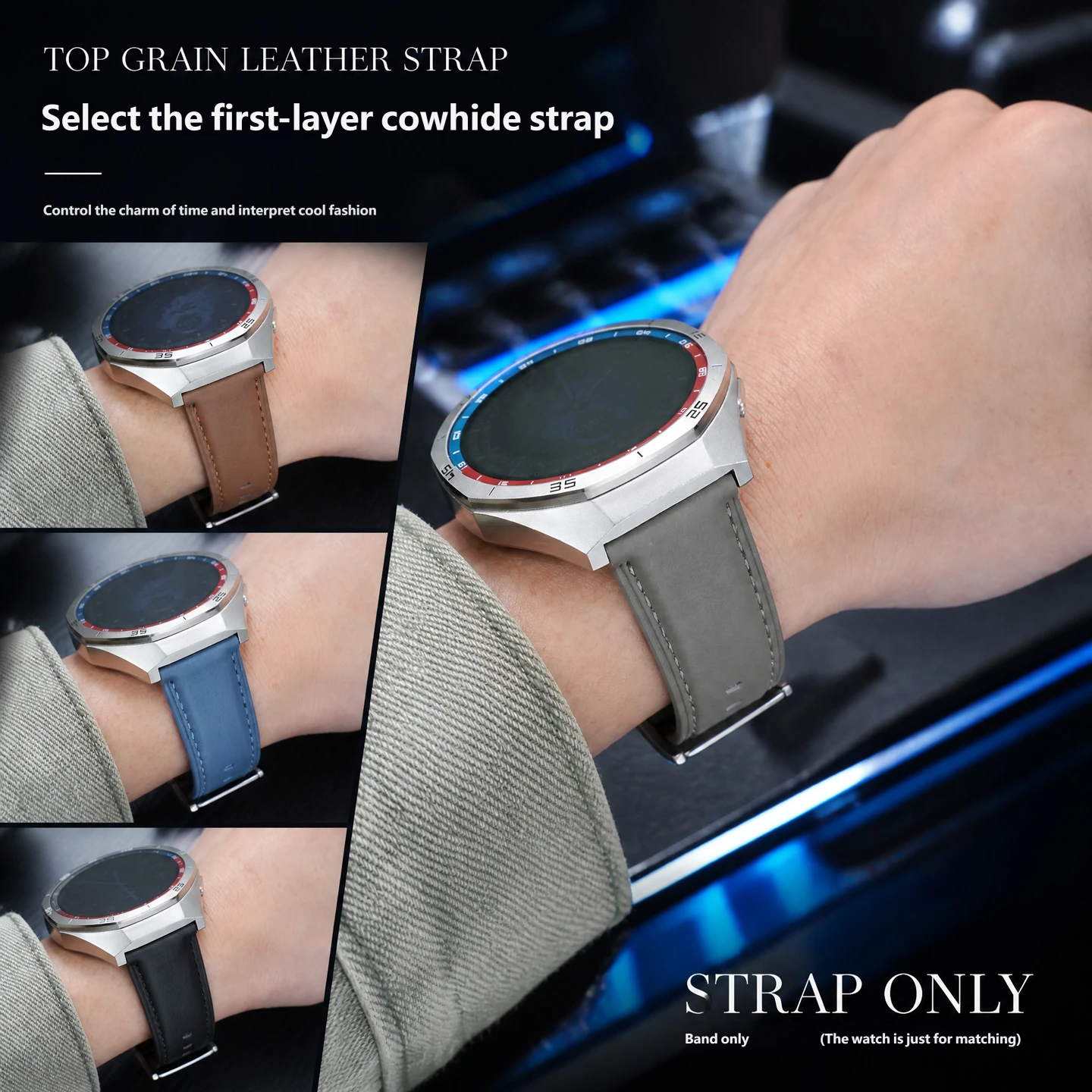 Suitable for Huawei GT3/4/5 46mm watch faces / Extraordinary Master genuine leather strap, 22mm