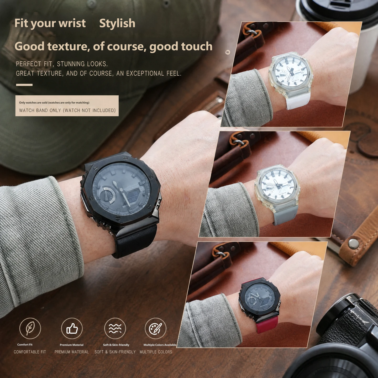 Genuine leather watch strap, 16 mm, compatible with the Casio Farmhouse Oak GA-2100/2110 series