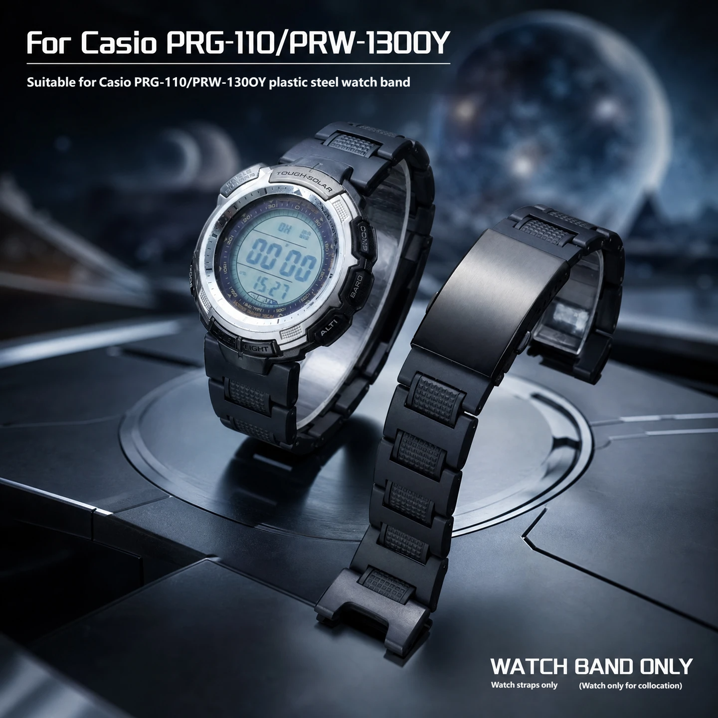 Suitable for Casio PROTREK watches PRG-110T/Y and PRW-1300Y: aftermarket plastic and steel watch strap, 26 × 13 mm