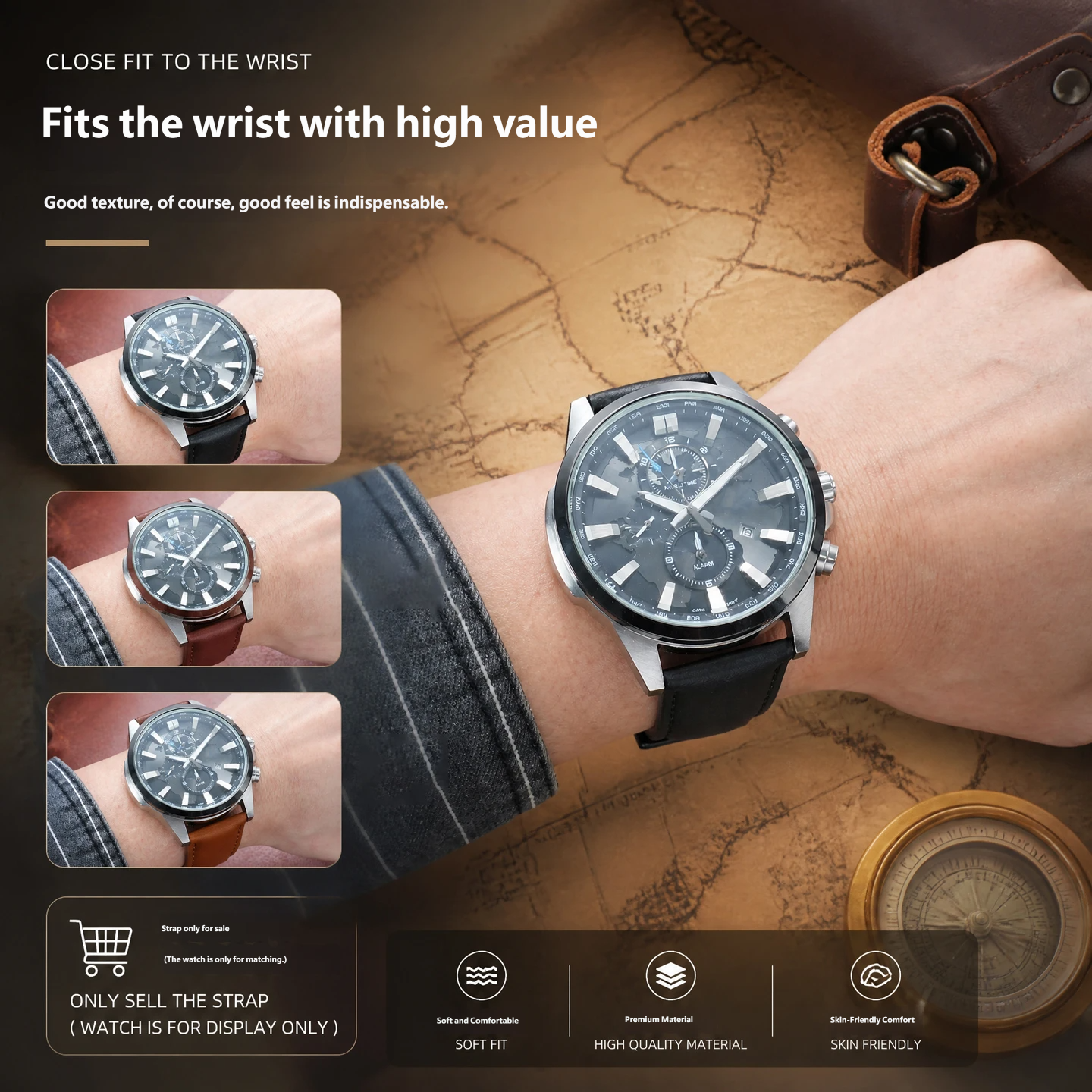 Compatible with the Casio Earth Heart EFR-303 Swordfish MDV-106 vintage genuine leather watch strap, 22mm