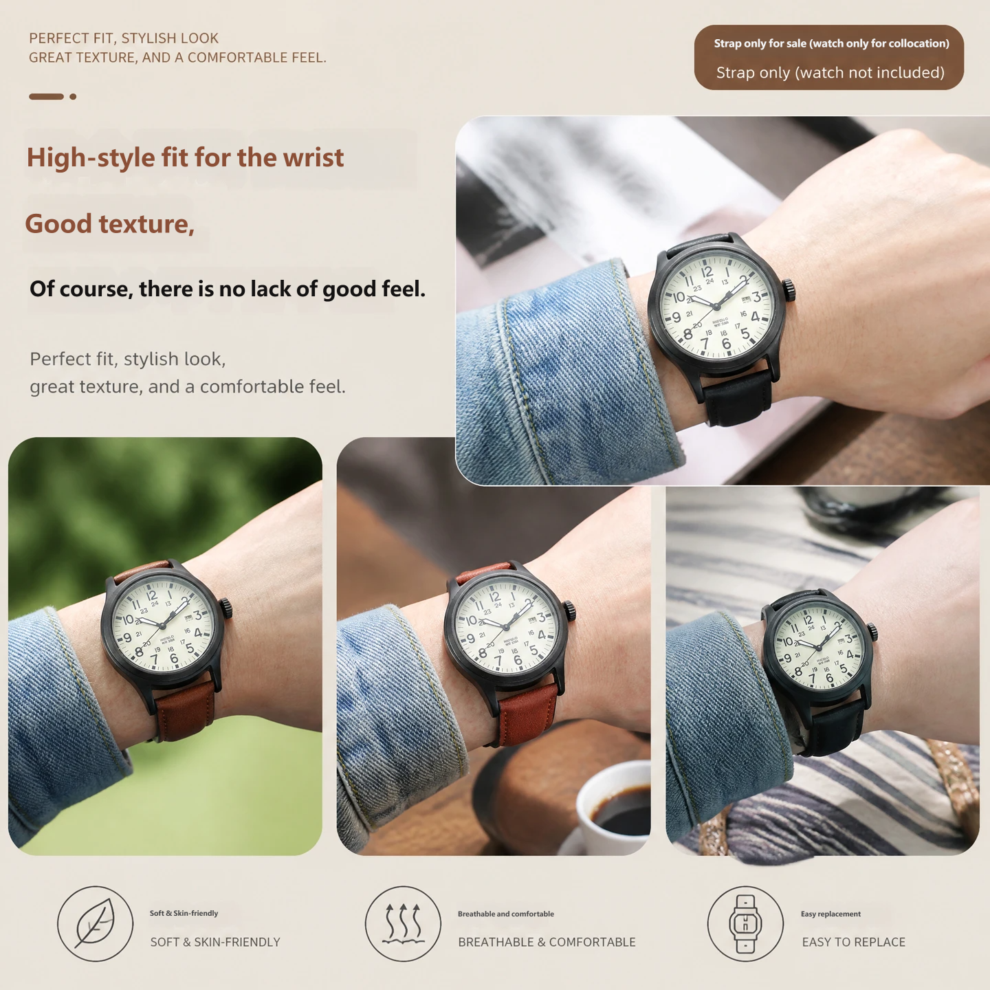 Genuine leather watch strap compatible with the Tianmeishi Expedition Series T49905, T49963 and TW2V40500